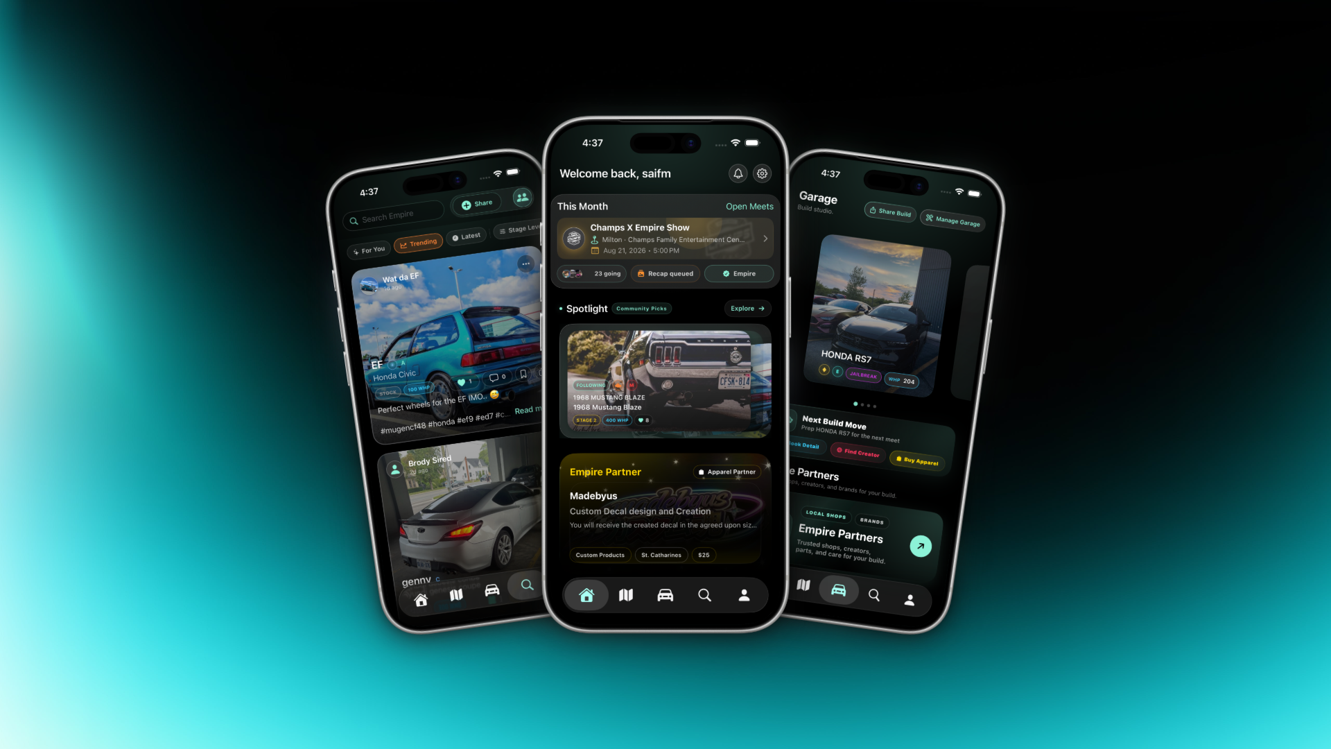 Empire Connect community, home, and garage screens displayed on three iPhones