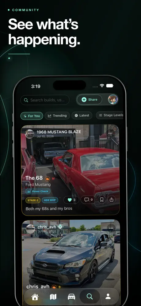 Empire Connect community feed with shared Ford Mustang and Subaru build posts
