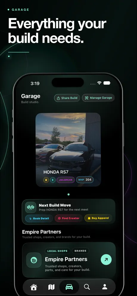 Empire Connect garage screen with a Honda RS7 build and local partner actions