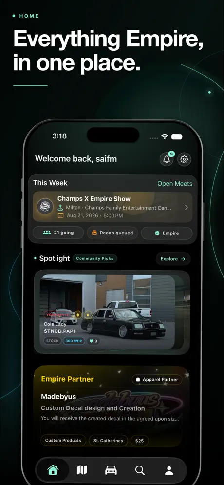 Empire Connect home screen showing an upcoming meet, a spotlight build, and an Empire Partner