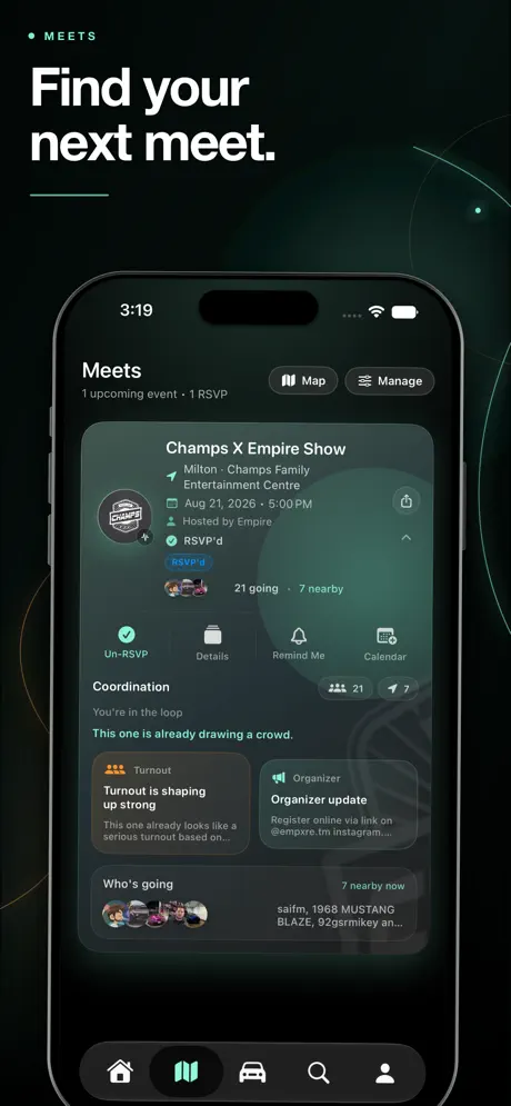 Empire Connect meet screen with event details, attendance, reminders, and coordination updates