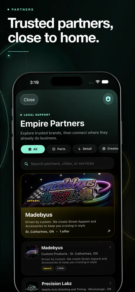 Empire Partners directory showing trusted local apparel, detailing, and tint businesses
