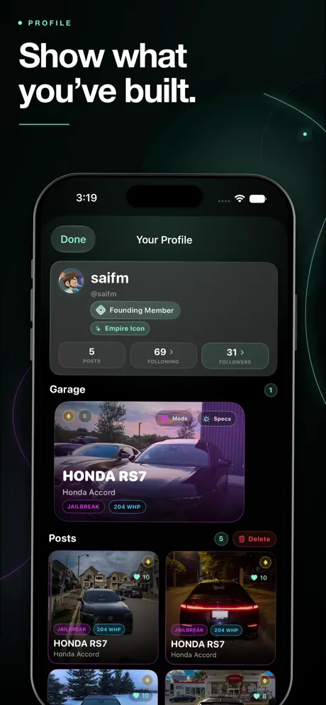 Empire Connect member profile showing garage details, badges, and a grid of build posts